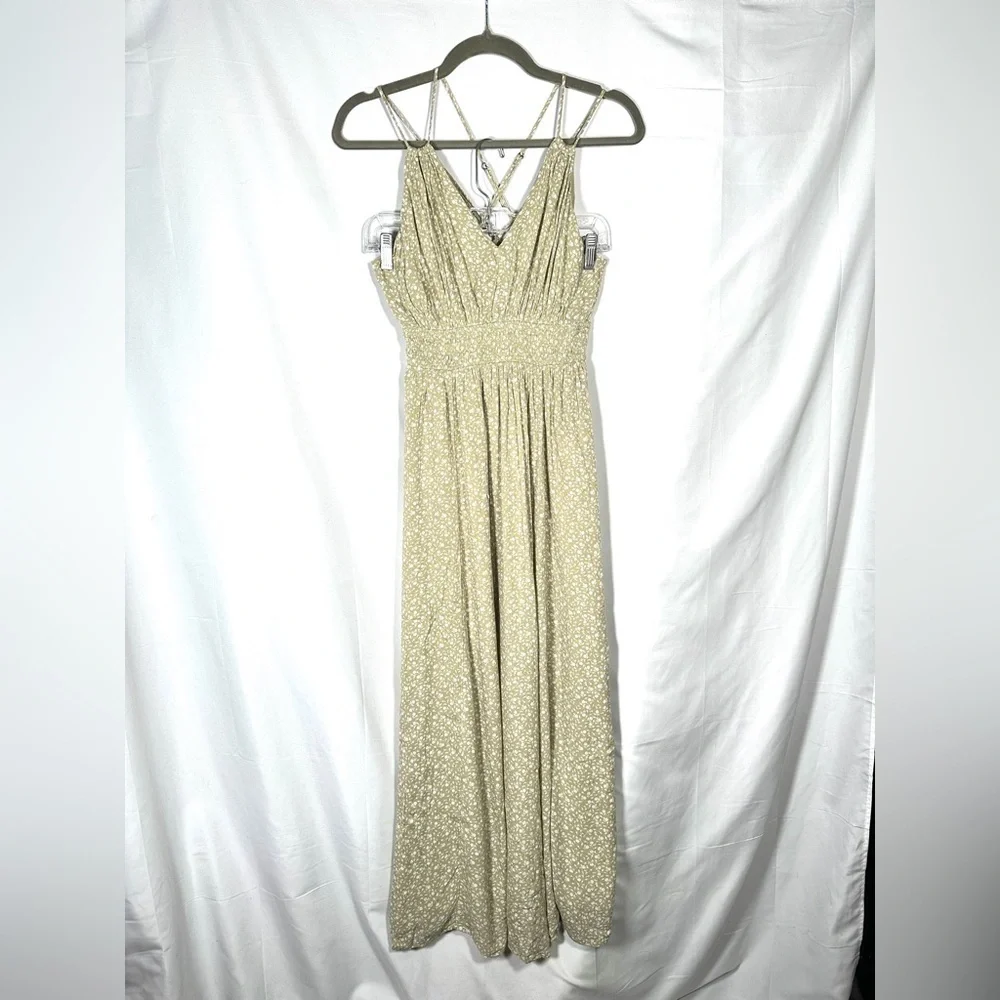 Abercrombie & Fitch Floral Viscose Maxi Dress Olive Green Smocked Strappy XS
